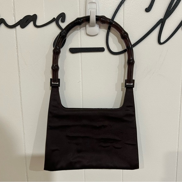 Gucci Handbags - Gucci Dark Purple Satin Shoulder Bag with Bamboo Handle Vintage 1990s